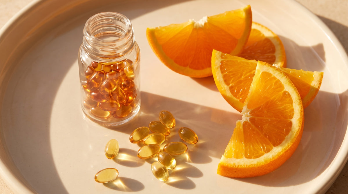 Migliore integratore di vitamina D: capsule D3 e agrumi al sole