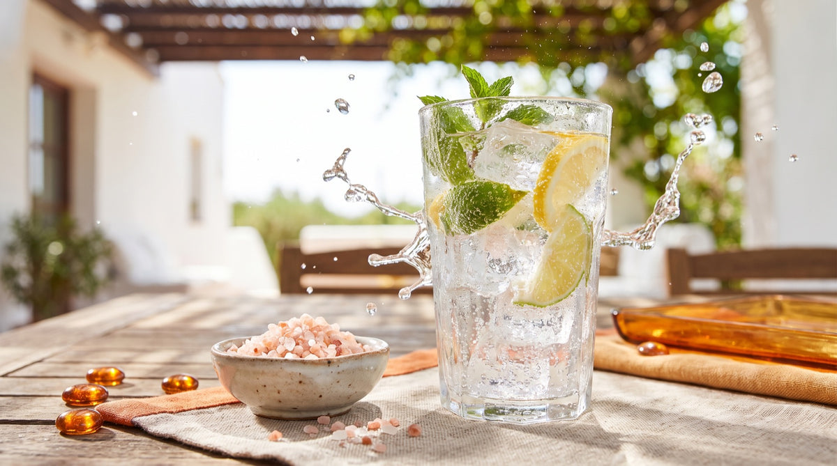 Bicchiere d'acqua frizzante con menta e sali minerali - idratazione d'estate, Natural Novi