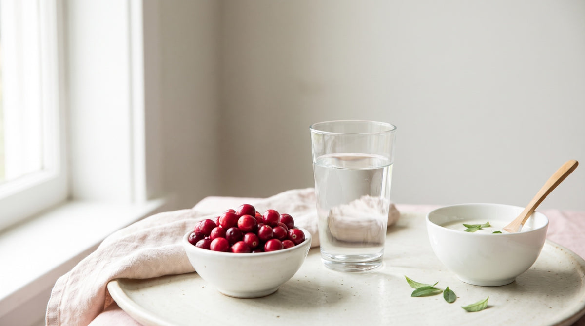 Mirtilli rossi, acqua e yogurt su superficie chiara