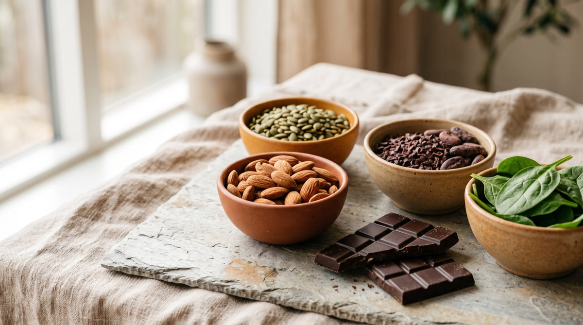Mandorle, semi di zucca e cacao in ciotoline di ceramica