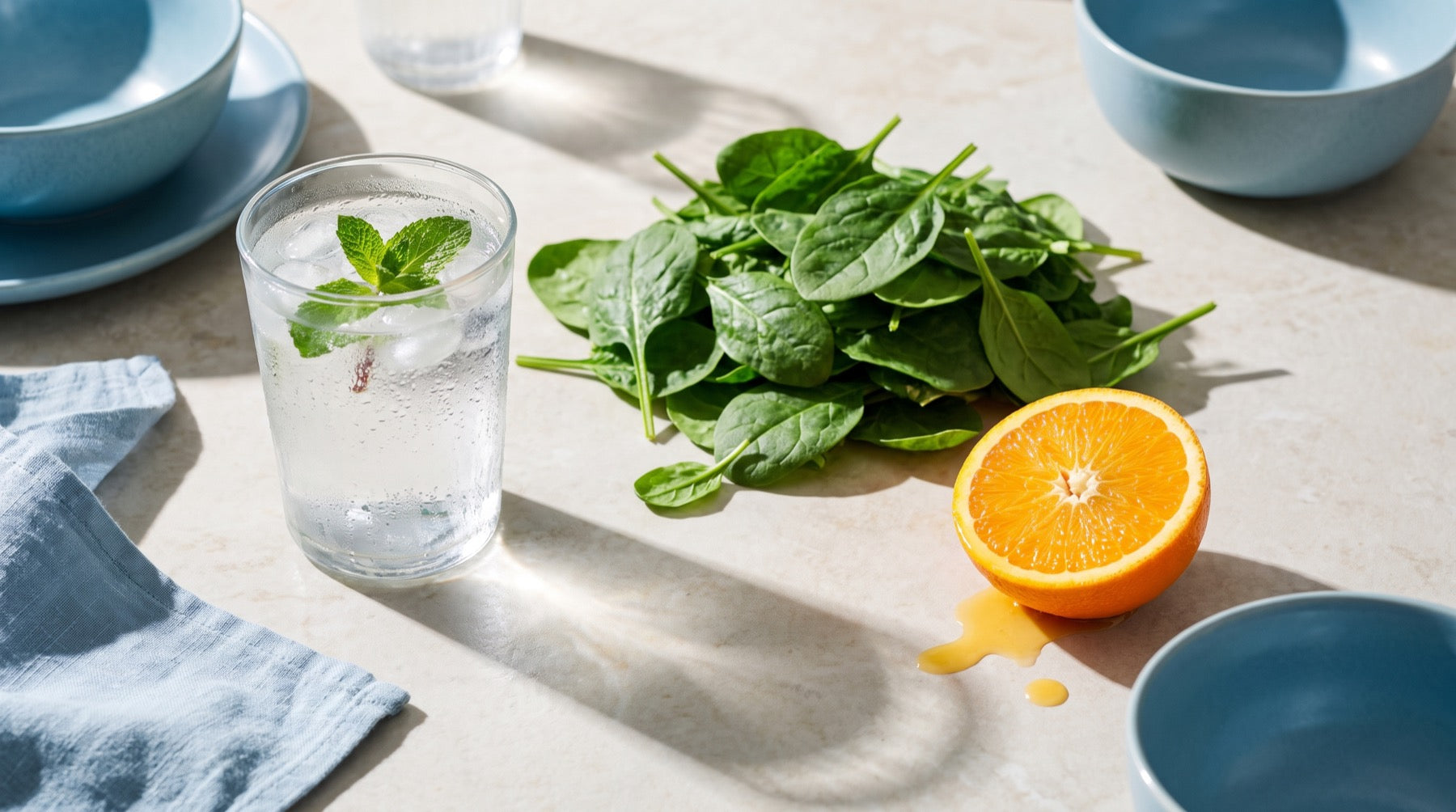 Acqua, spinaci e arancia in una luce mattutina: ferro ed energia