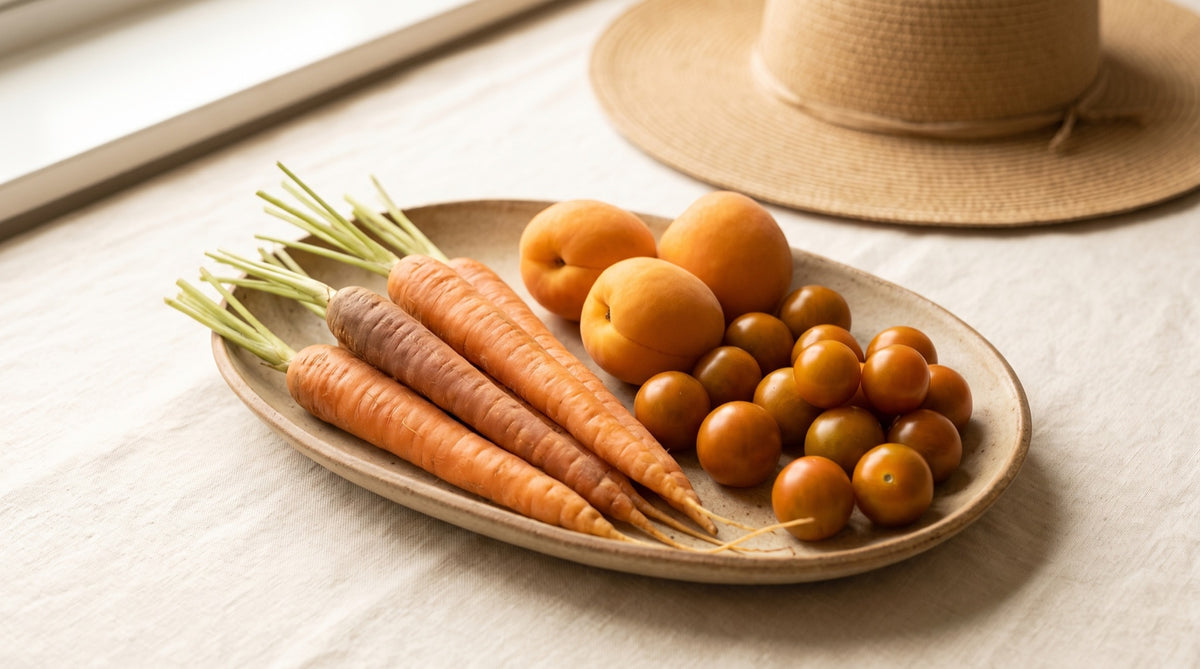 Alimenti ricchi di carotenoidi su un piano chiaro