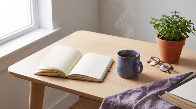 Quaderno aperto, tazza di te, occhiali e una pianta su una scrivania: sostenere memoria e concentrazione