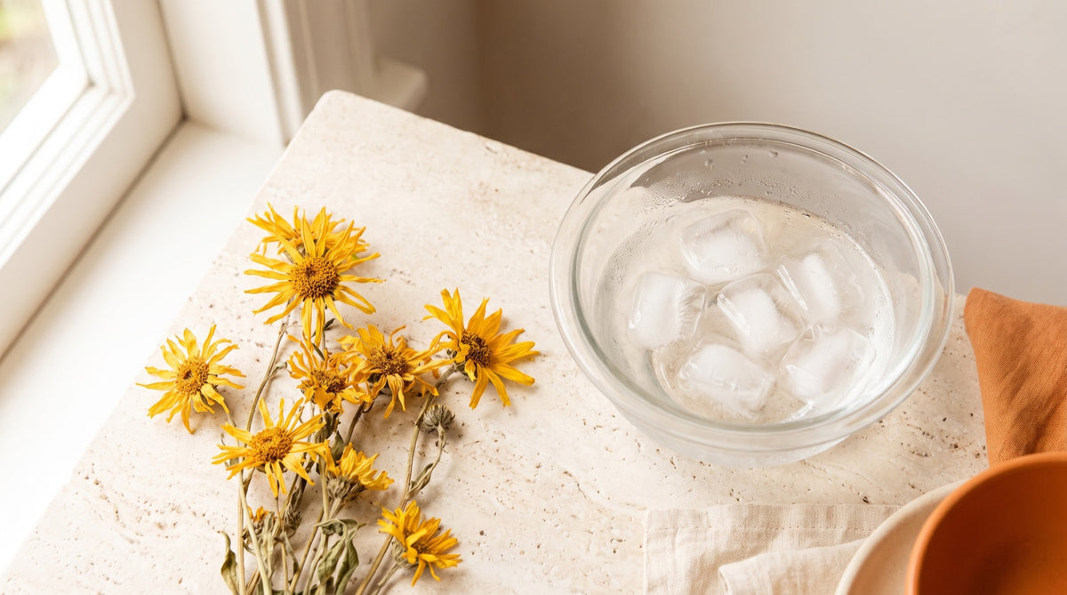 Fiori di arnica essiccati accanto a una ciotola di ghiaccio su pietra chiara