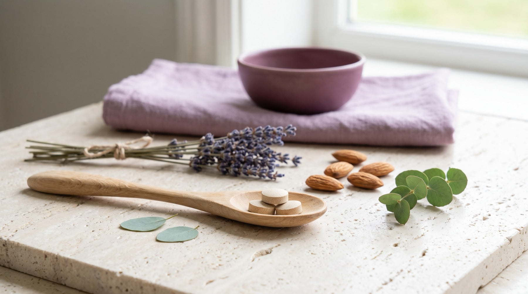 Cucchiaio di legno con compresse, mandorle e lavanda: gli integratori per capelli