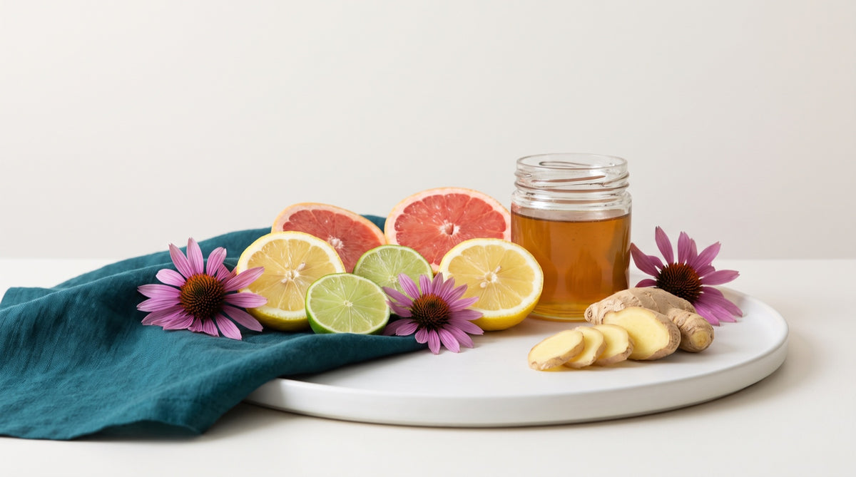 Agrumi tagliati, echinacea e zenzero su ceramica bianca