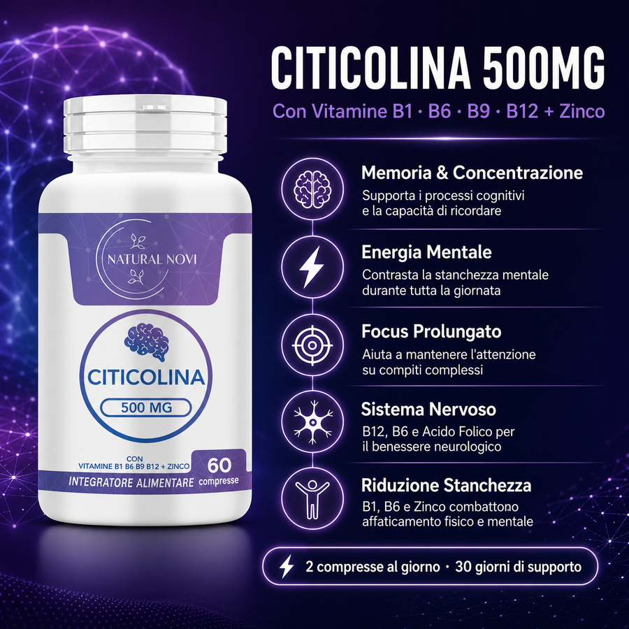 Flacone Citicolina 500 mg Natural Novi con Zinco e Vitamine del gruppo B, 60 compresse — foto 2