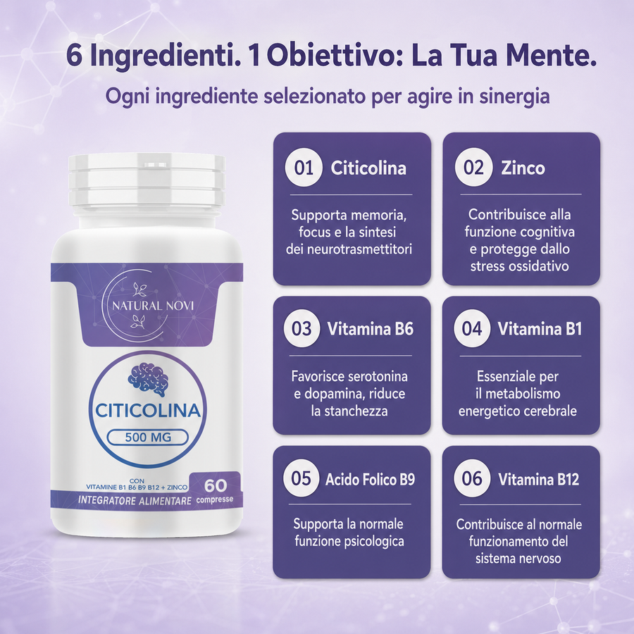 Flacone Citicolina 500 mg Natural Novi con Zinco e Vitamine del gruppo B, 60 compresse — foto 3
