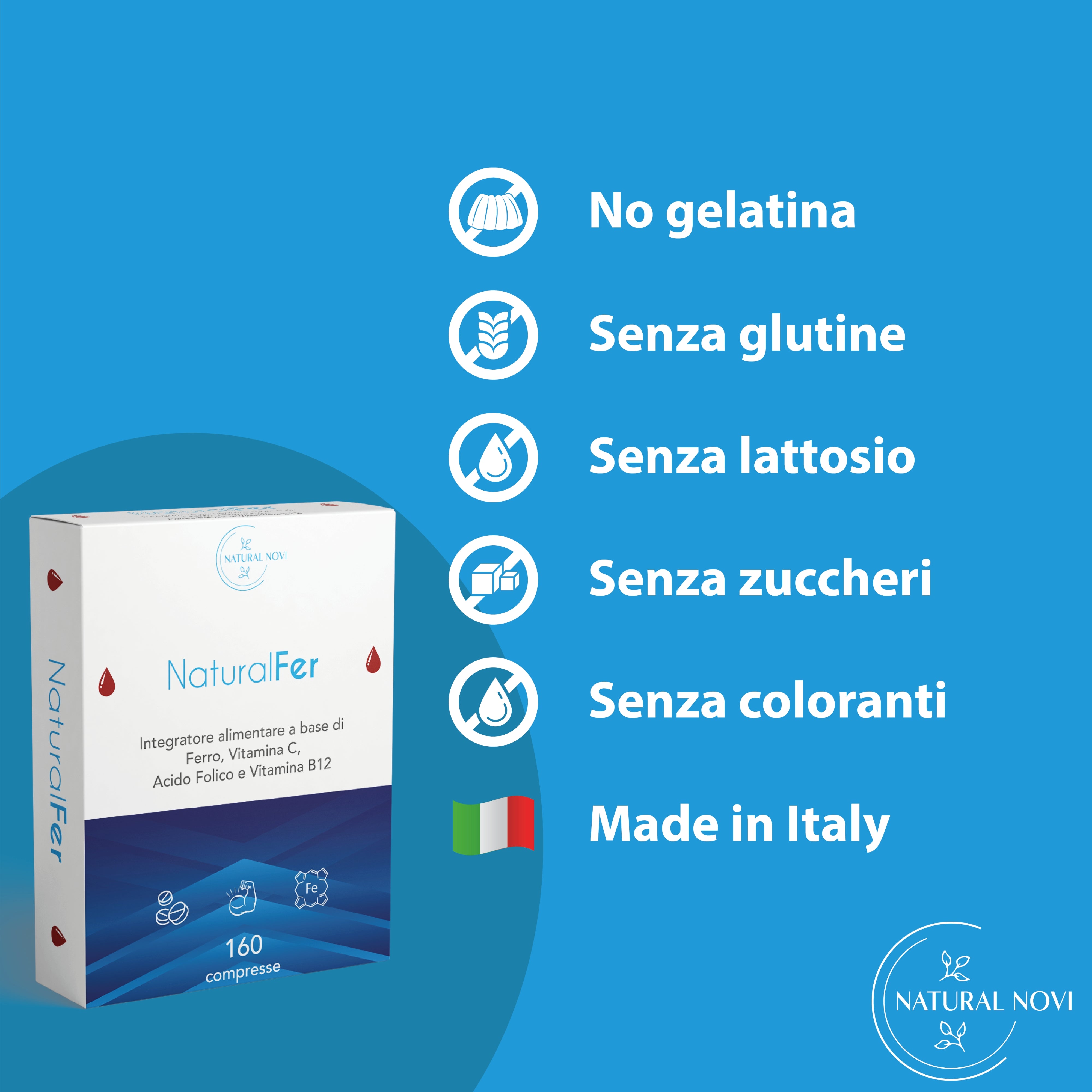 Ferro Integratore 28mg NaturalFer® | 160 compresse | Vitamina C + Vitamina b12 e acido Folico | Supporto Energetico e stanchezza | Senza Glutine | Senza Lattosio