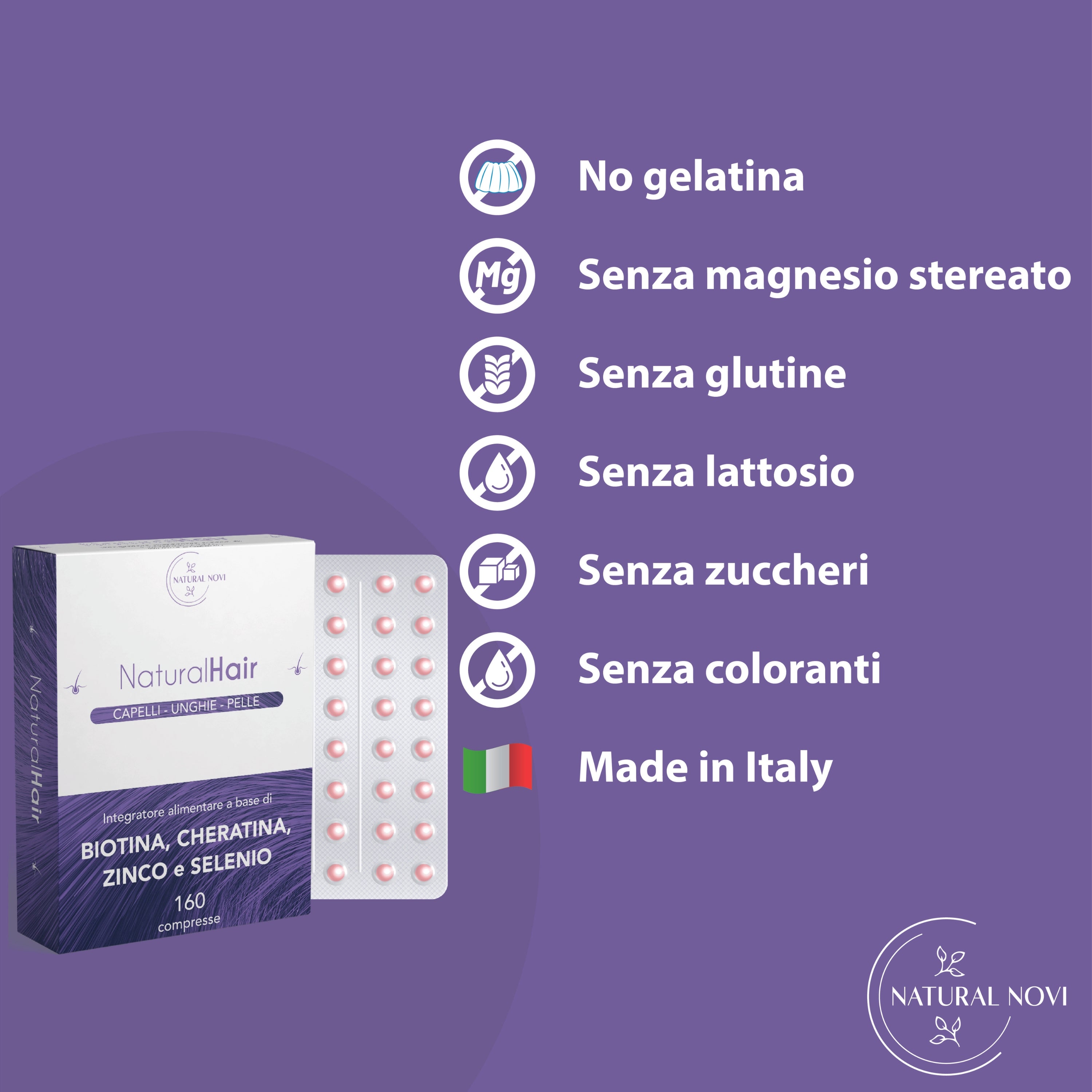 NaturalHair | Integratore per capelli con Biotina Cheratina Zinco e Selenio | 160 compresse | 5 mesi di fornitura | Crescita Capelli e Anticaduta | Vitamine per Capelli Pelle Unghie