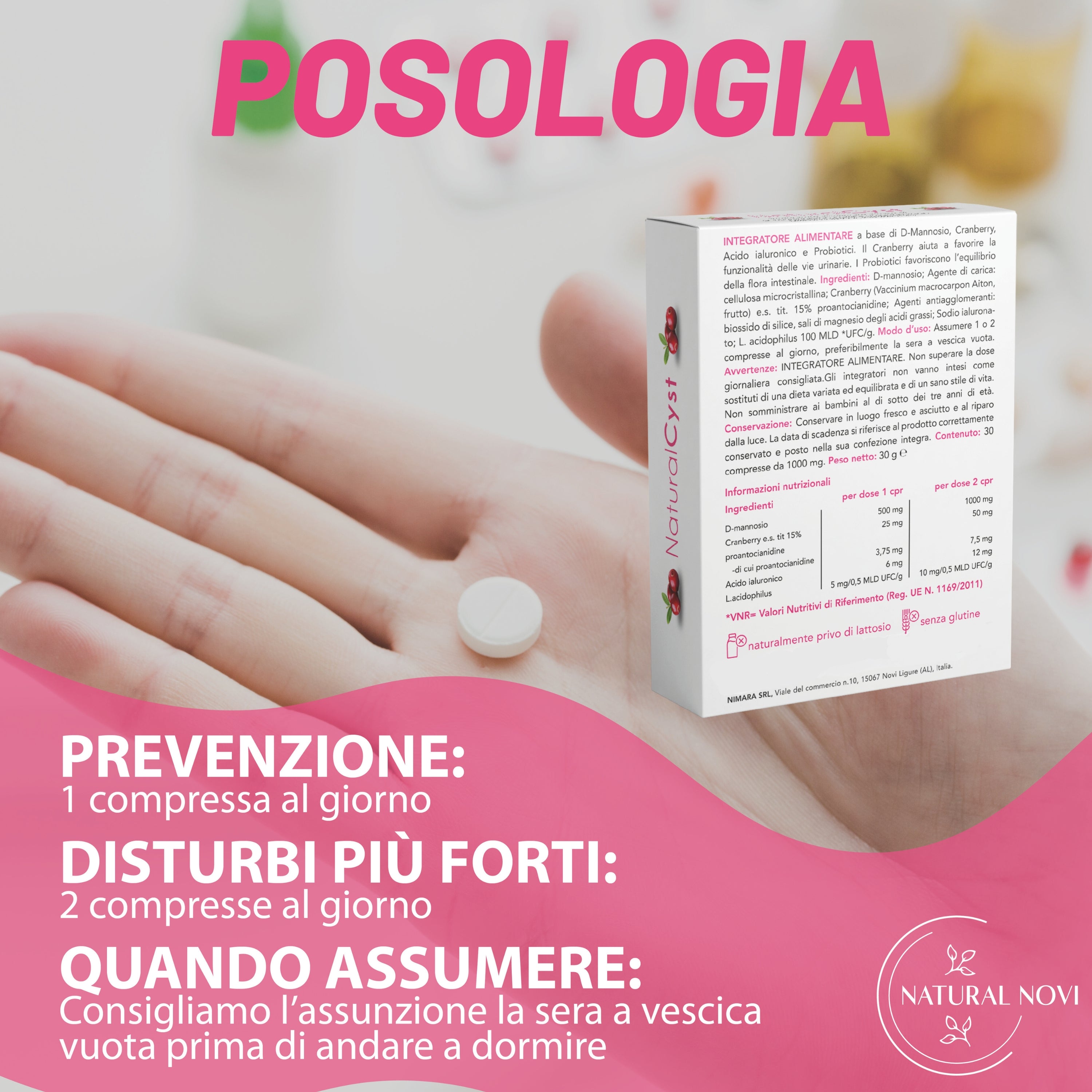 NaturalCyst® | D-mannosio puro con fermenti lattici probiotici | Acido Ialuronico | Mirtillo rosso | per Candida Vaginosi e infezioni delle vie urinarie | Vegan, senza Glutine, Senza lattosio