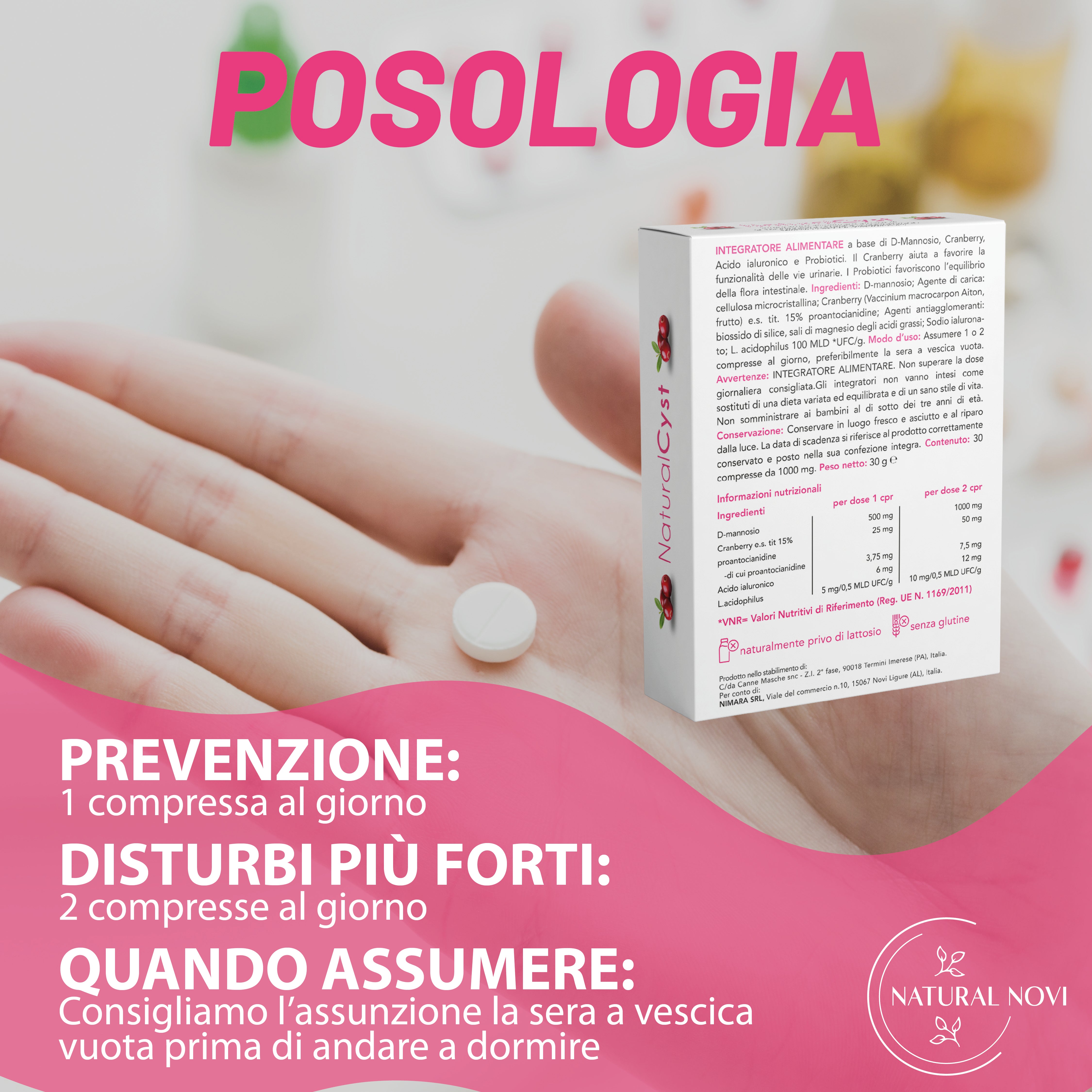 NaturalCyst® | D-mannosio puro con fermenti lattici probiotici | Acido Ialuronico | Mirtillo rosso | per Candida Vaginosi e infezioni delle vie urinarie | Vegan, senza Glutine, Senza lattosio