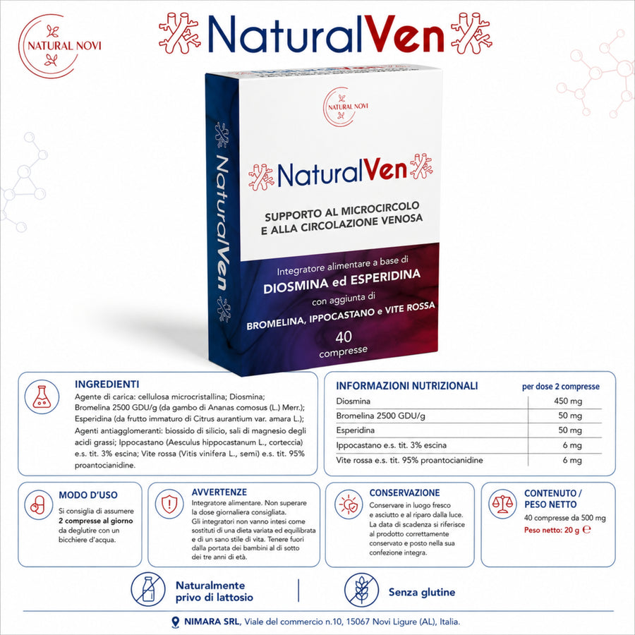 Confezione NaturalVen Natural Novi: integratore con Diosmina, Esperidina, Bromelina, Ippocastano e Vite Rossa per il microcircolo — foto 8