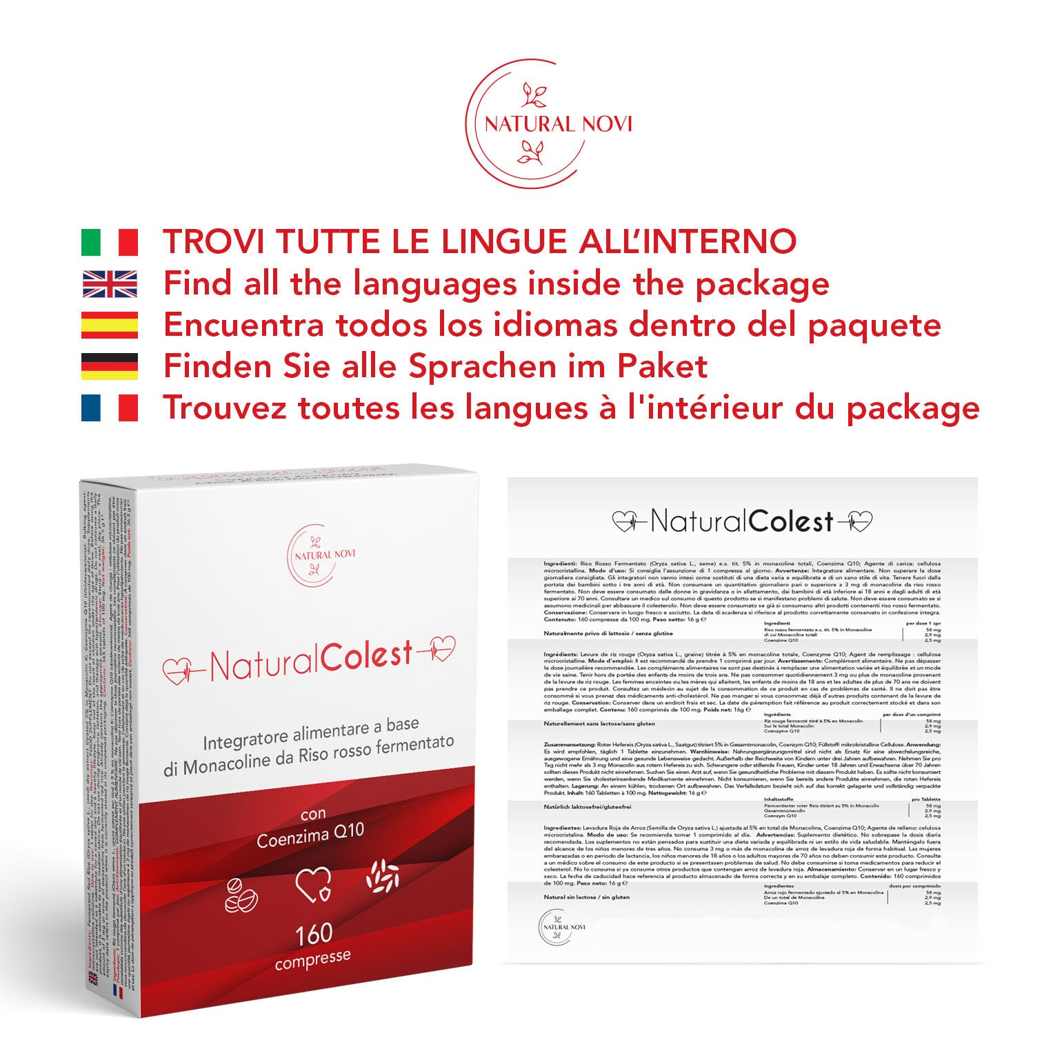 Riso Rosso Fermentato NaturalColest 160 Compresse | oltre 5 MESI di fornitura | Con COENZIMA Q10 | 2,9mg Monacolina | Senza Glutine | Made in Italy