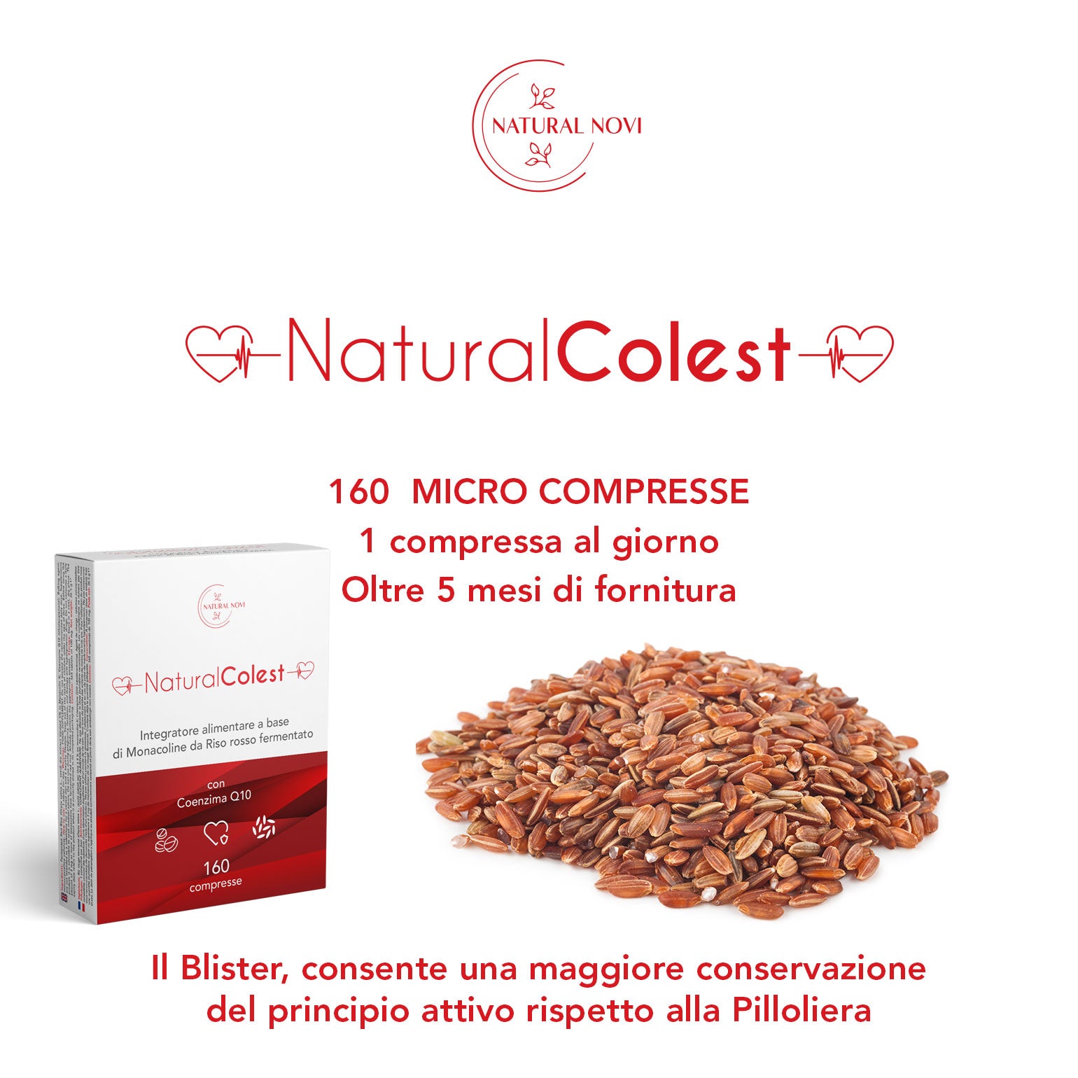 Riso Rosso Fermentato NaturalColest 160 Compresse | oltre 5 MESI di fornitura | Con COENZIMA Q10 | 2,9mg Monacolina | Senza Glutine | Made in Italy