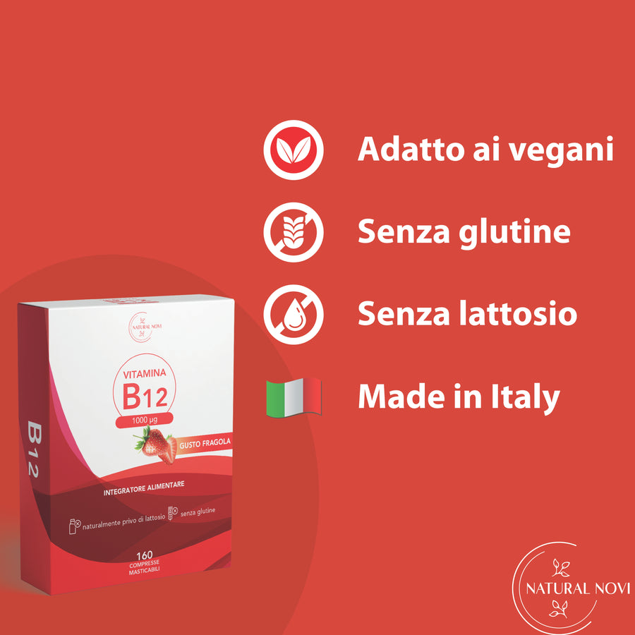 Confezione Vitamina B12 1000 mcg Natural Novi con 160 micro compresse masticabili al gusto fragola — foto 2