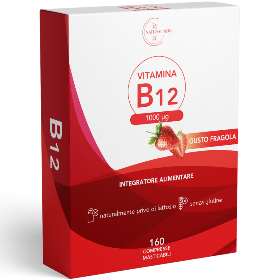 Confezione Vitamina B12 1000 mcg Natural Novi con 160 micro compresse masticabili al gusto fragola — foto 1