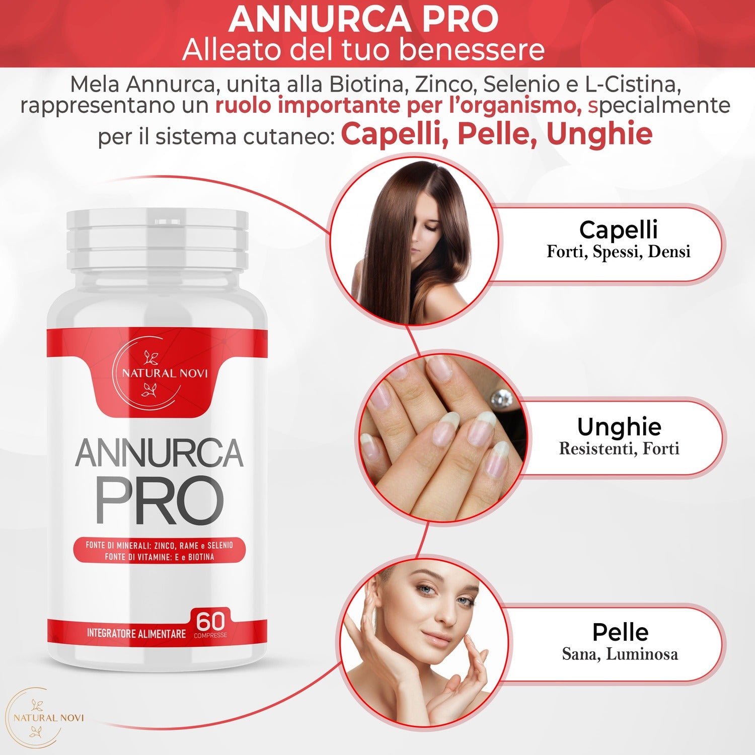 Annurca Pro, Mela Annurca Campana 800 Mg, Rinforza Capelli, Unghie, Pelle Con Biotina, Zinco, Selenio, Vitamina E, Rame, L-Cistina - 60 Compresse - naturalnovi